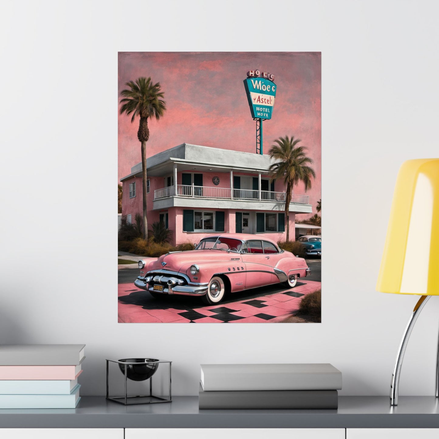 Vintage Retro Travel Poster featuring a pink hotel and classic car in a tropical setting