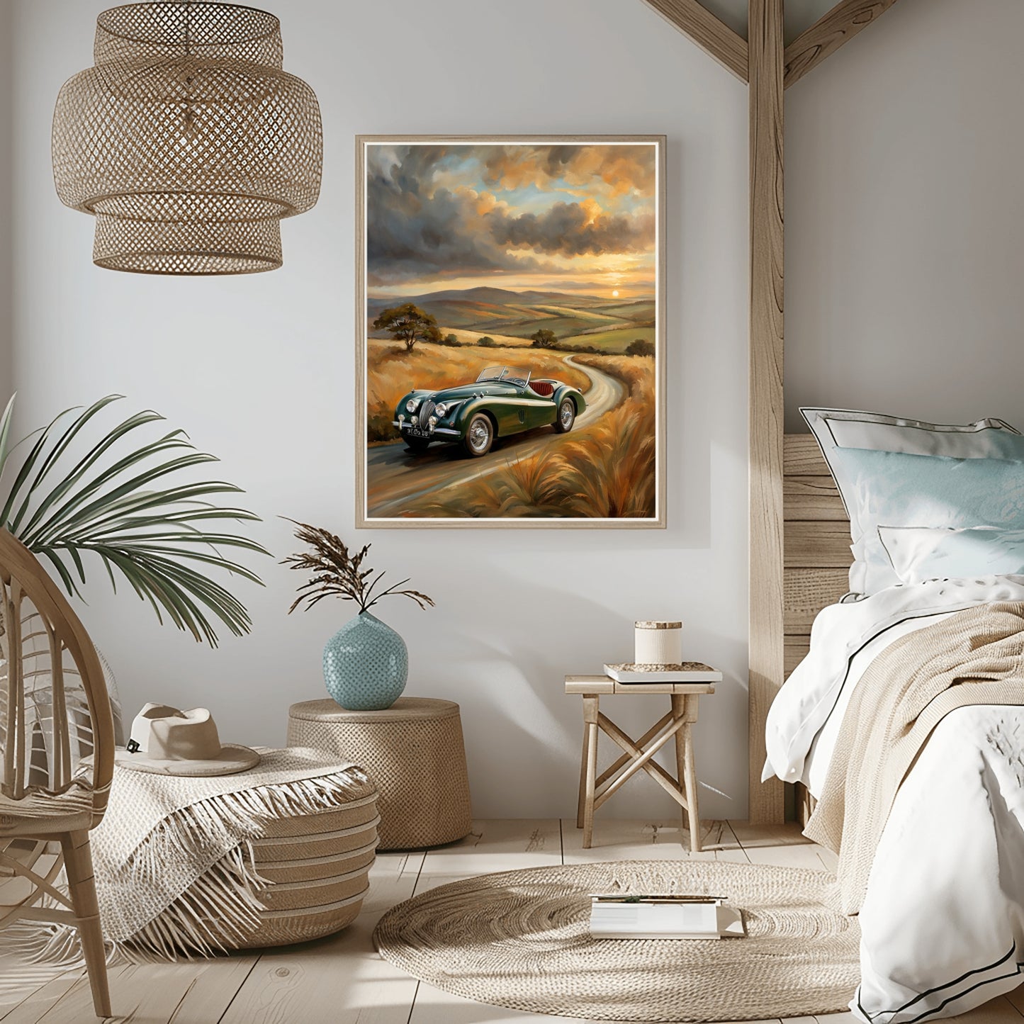 Vintage roadster oil painting by AquilVision displayed in a cozy modern bedroom with natural decor