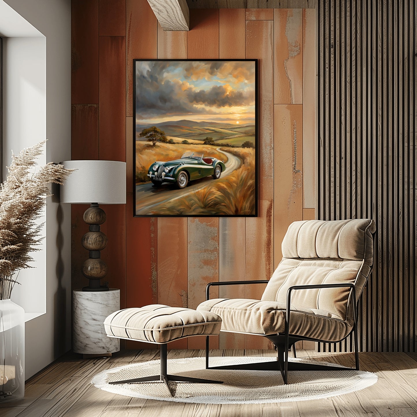 Vintage roadster oil painting by AquilVision displayed in modern cozy living room with armchair and lamp