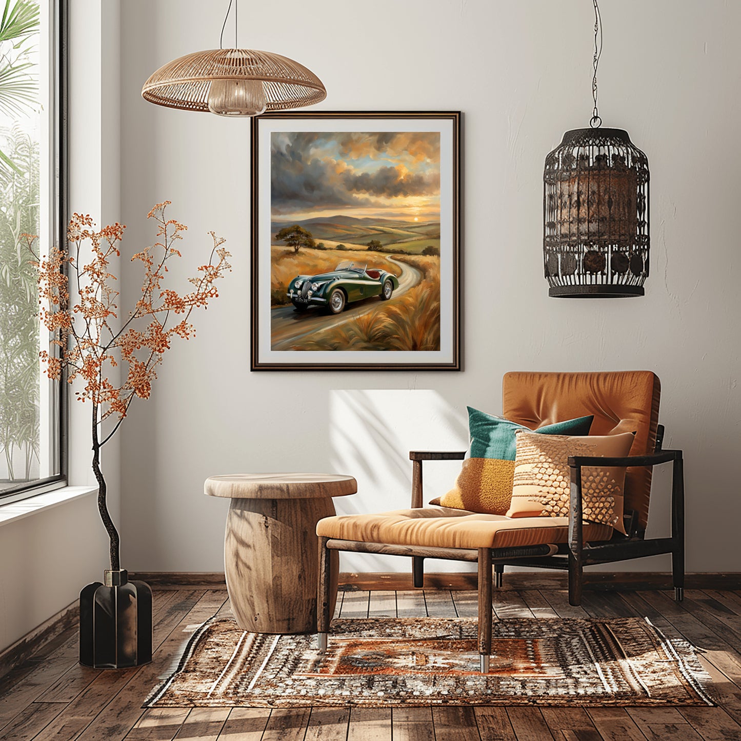 AquilVision vintage roadster oil painting hanging in a cozy living room with an orange chair and wooden decor