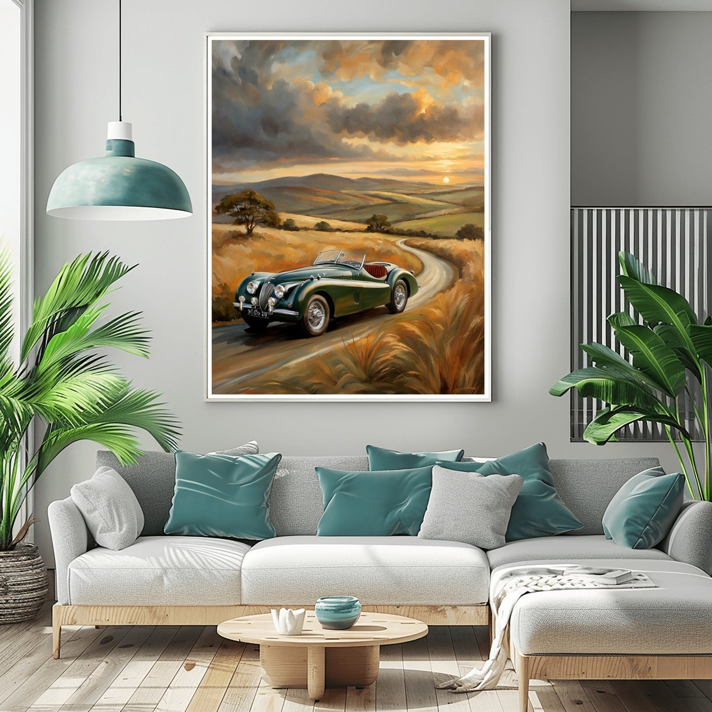 Vintage roadster oil painting by AquilVision showing a classic car on a winding countryside road