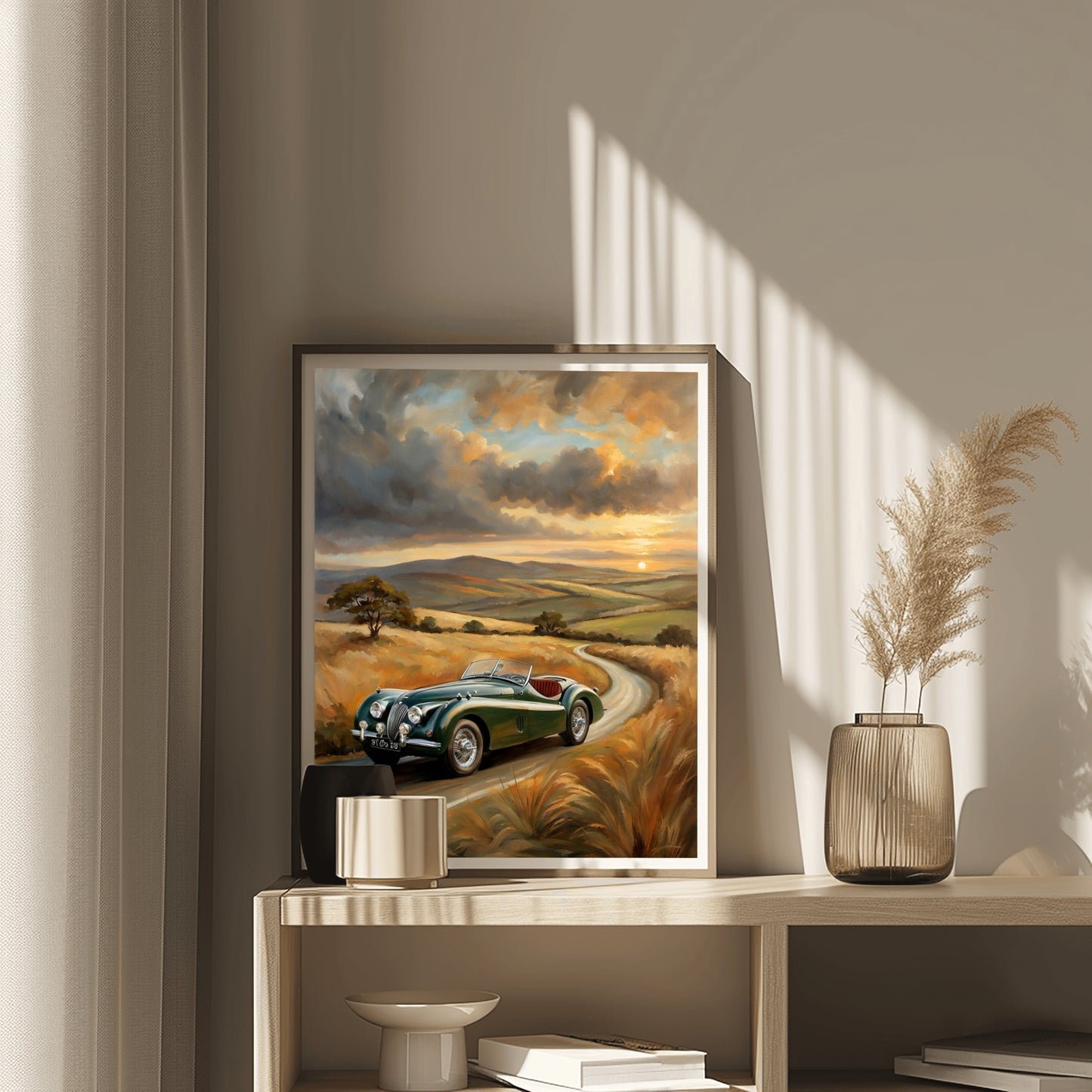 Vintage roadster oil painting by AquilVision depicting a classic green car on a winding country road at sunset