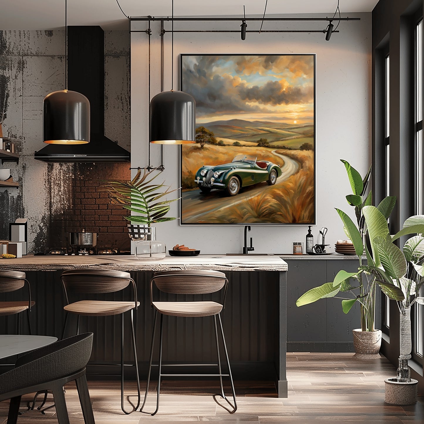 vintage roadster oil painting hanging on wall in modern kitchen with dark cabinetry and pendant lights