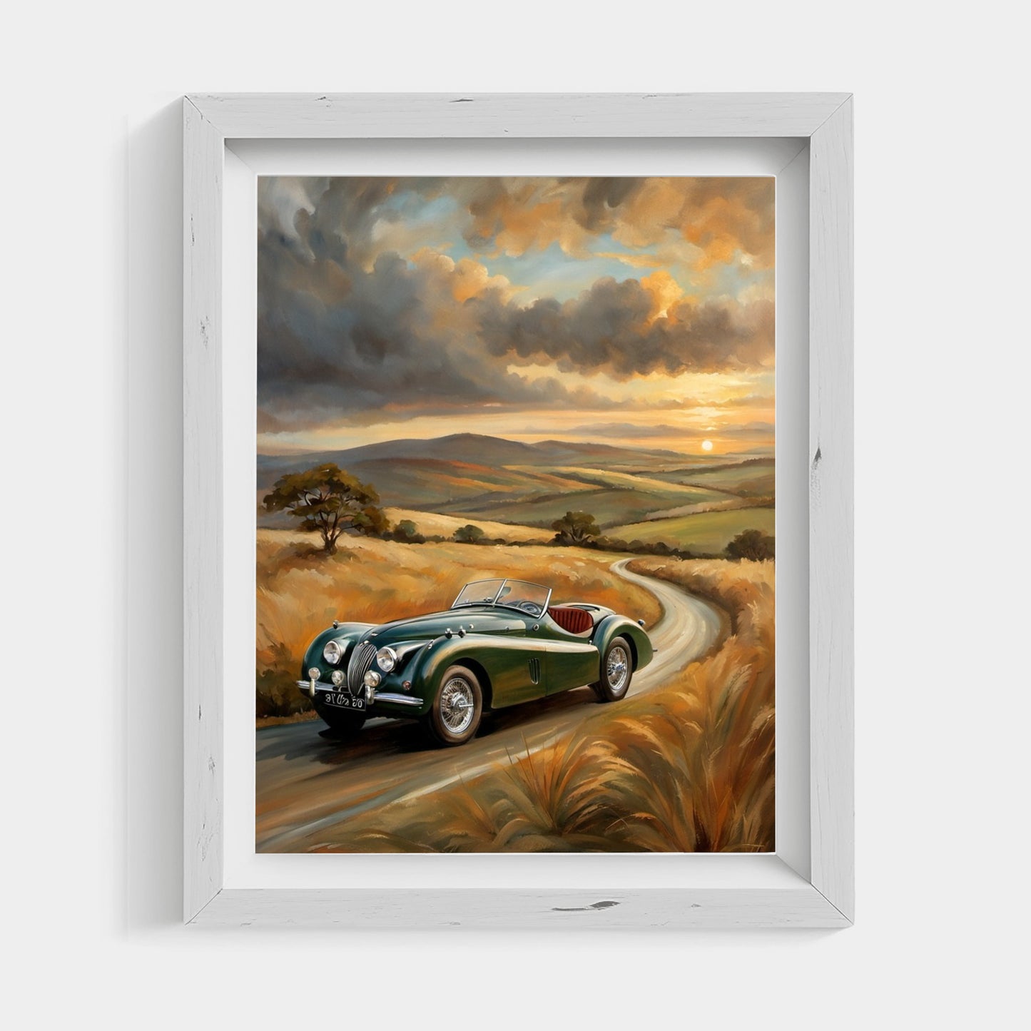 Vintage roadster oil painting of a green classic car on a winding country road at sunset