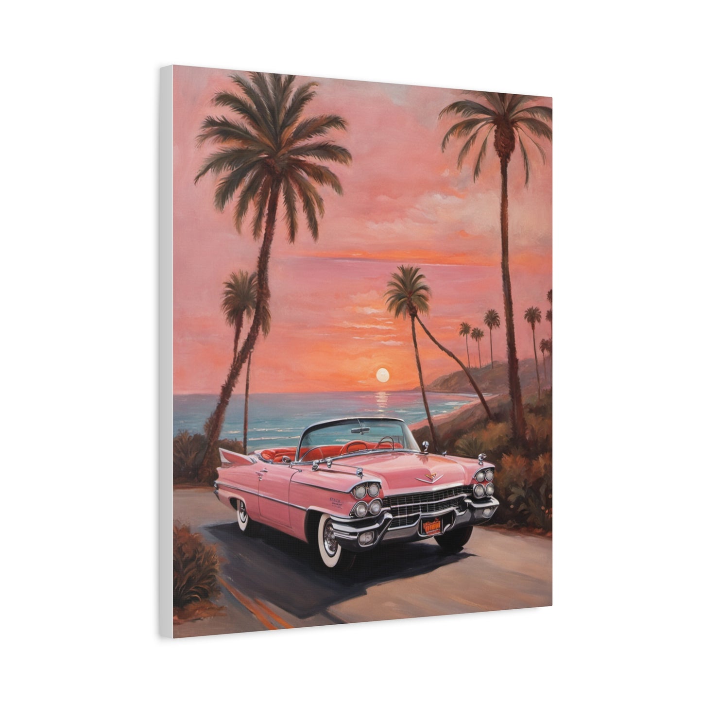 Vintage Sunset Car Canvas Art Print featuring a pink classic car with palm trees and sunset backdrop