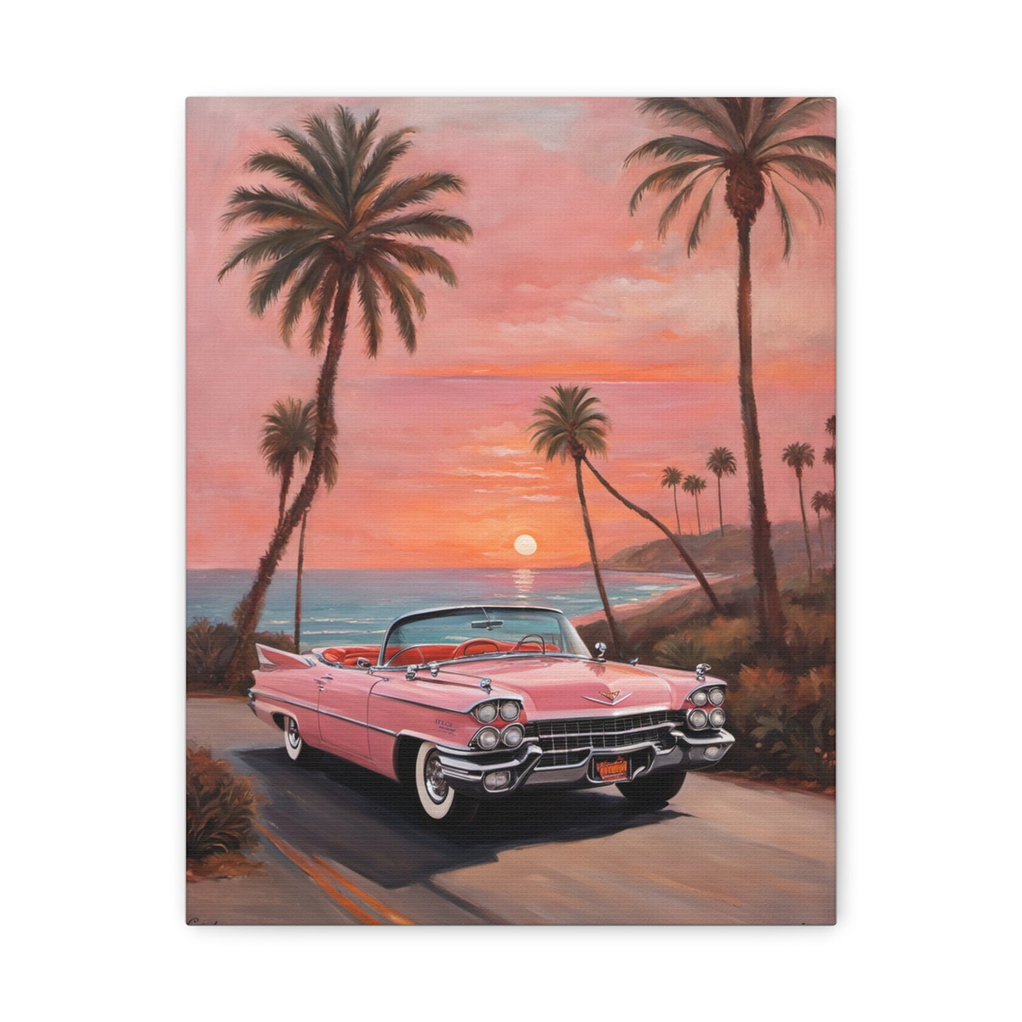 Retro Sunset Car Canvas Art Print featuring a pink classic car against a tropical sunset backdrop