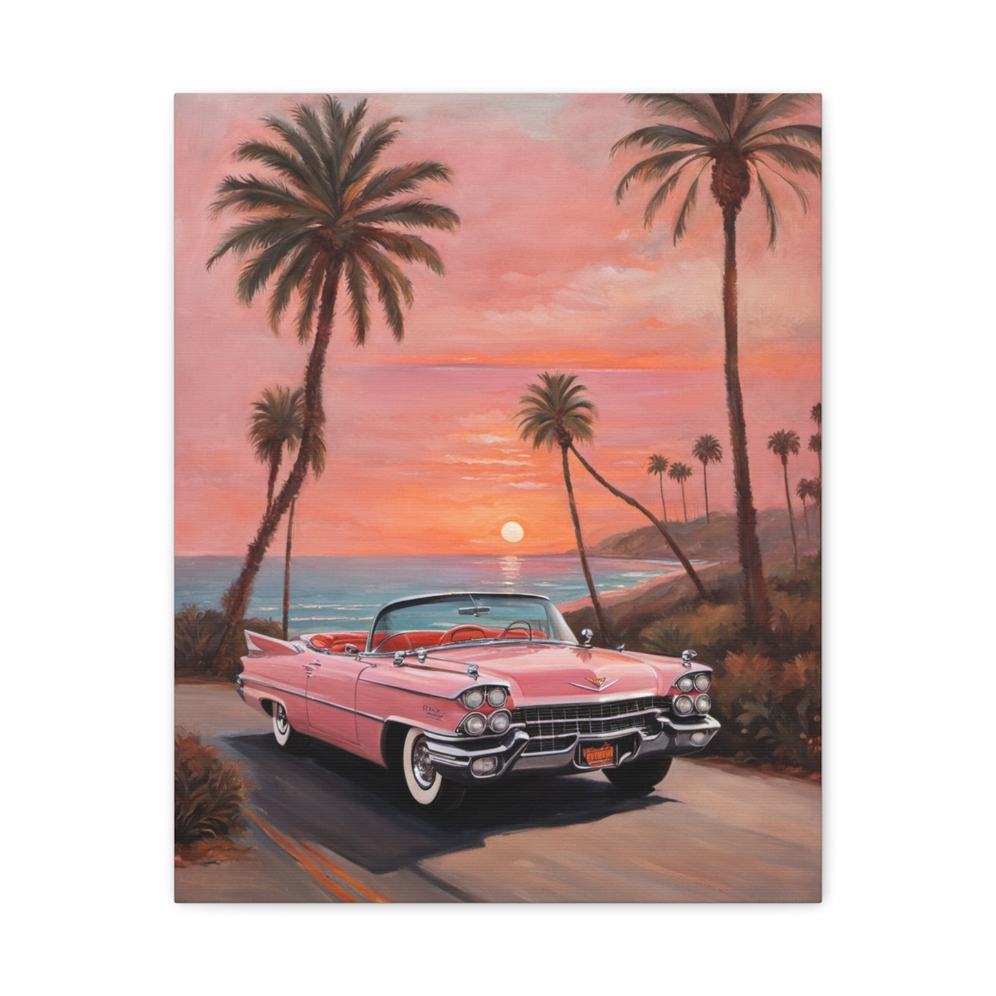 Vintage Sunset Car Canvas Art Print featuring a pink convertible against a sunset beach scene