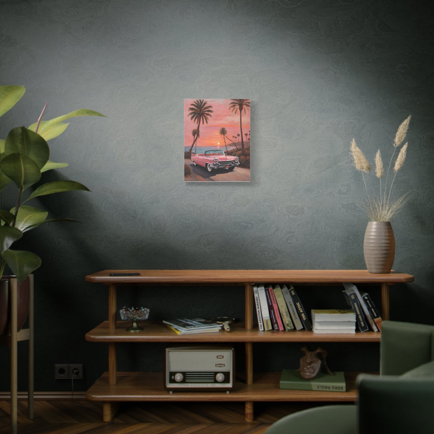 Vintage Sunset Car Canvas Art Print featuring a classic car with palm trees and sunset backdrop