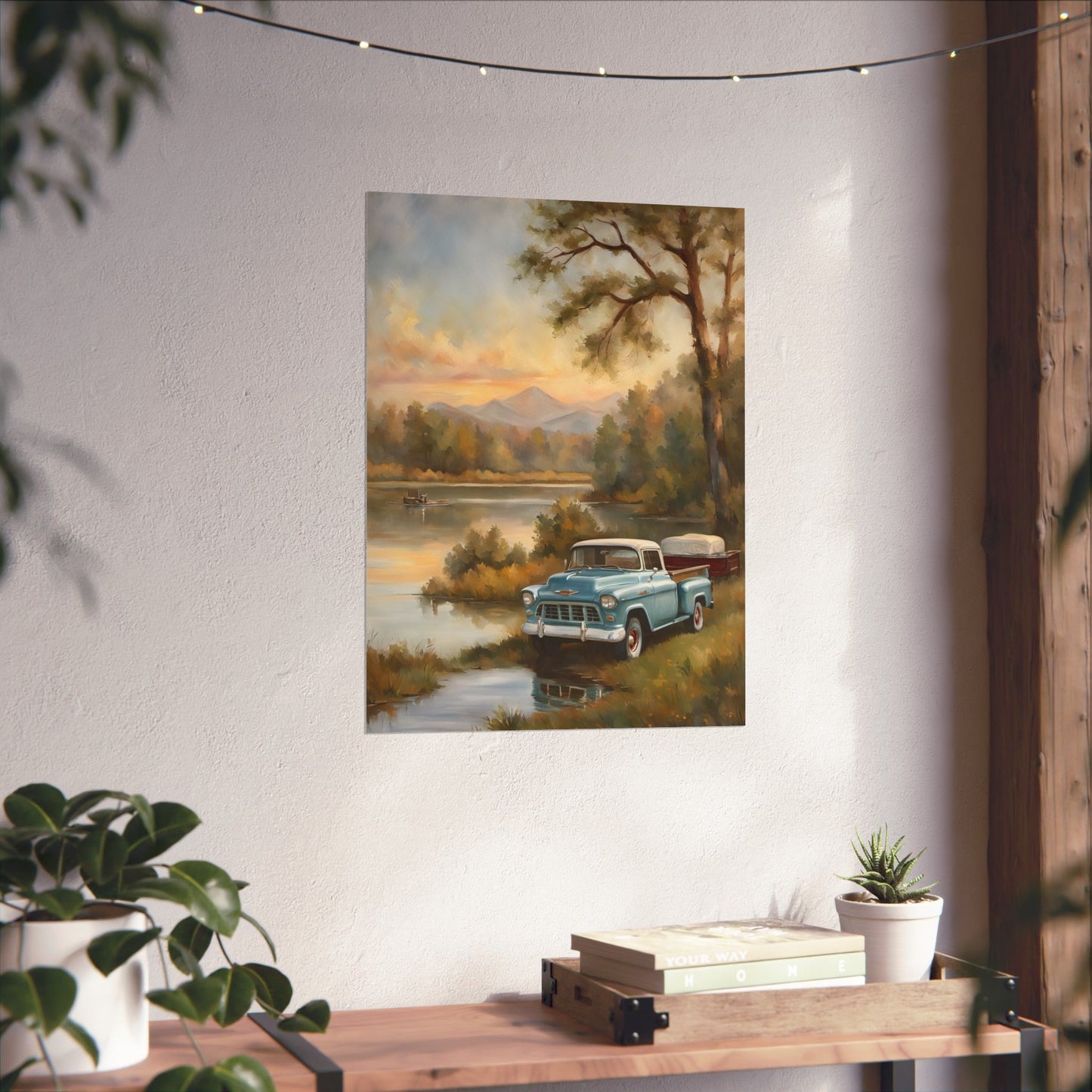 Vintage Truck Landscape Art featuring a classic truck by a serene lake with mountains in the background