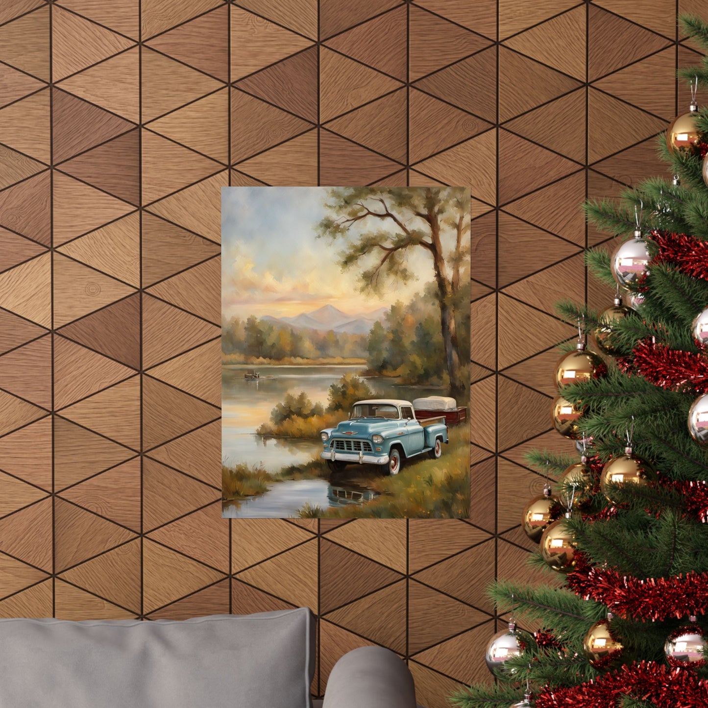 Vintage Truck Landscape Art featuring a classic truck near a serene lake and mountains in a cozy living room setting