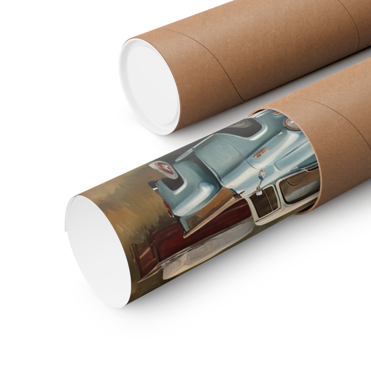 Vintage Truck Landscape Art poster rolled in eco-friendly tube packaging from Printify