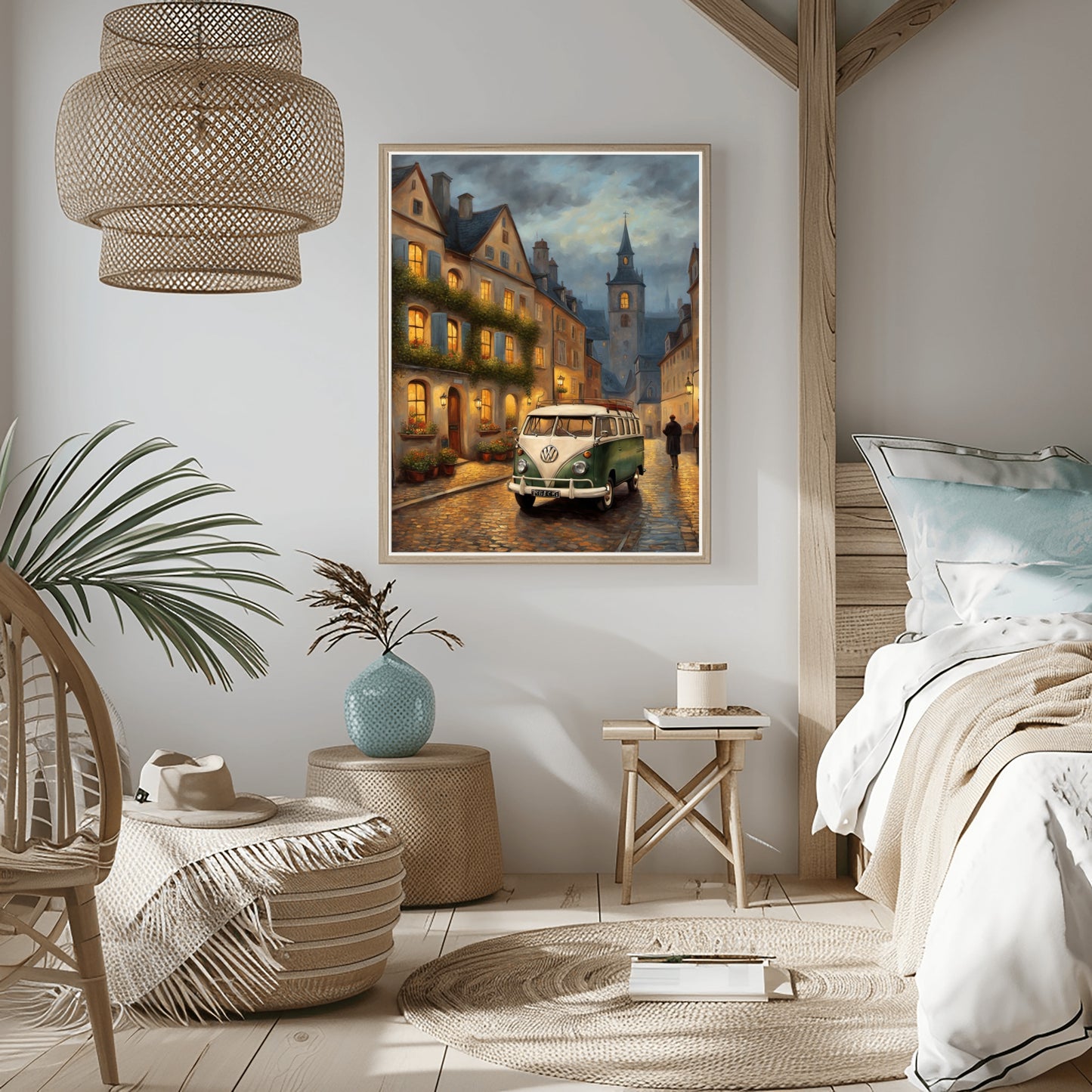 Vintage van oil painting hanging in cozy modern bedroom with rustic decor and soft lighting