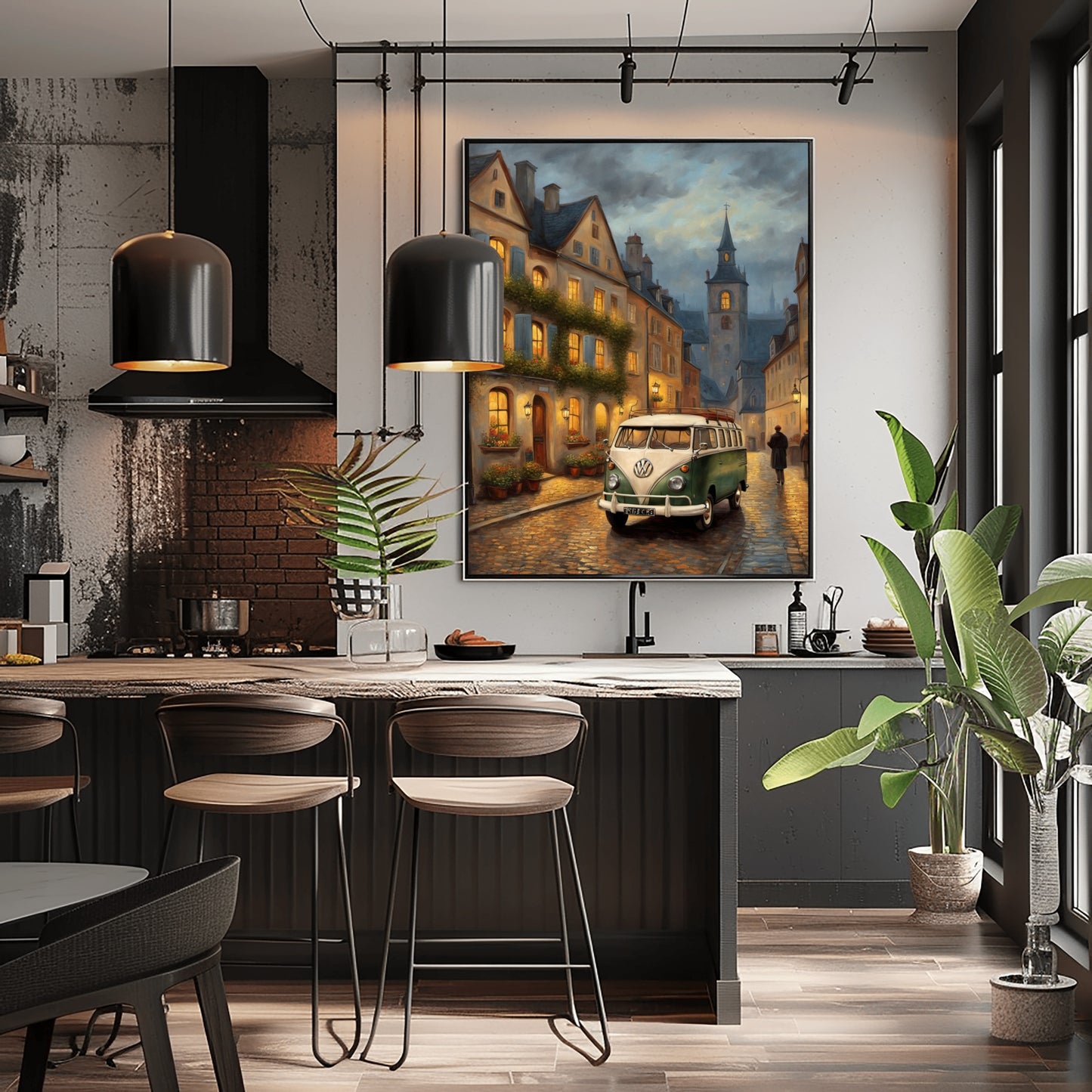 AquilVision vintage van oil painting displayed in a modern kitchen with dark cabinets and pendant lighting