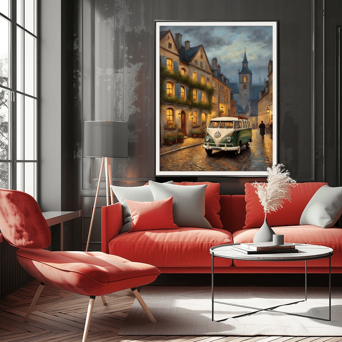 Vintage van oil painting by AquilVision displayed in modern living room with red sofa and minimalist decor