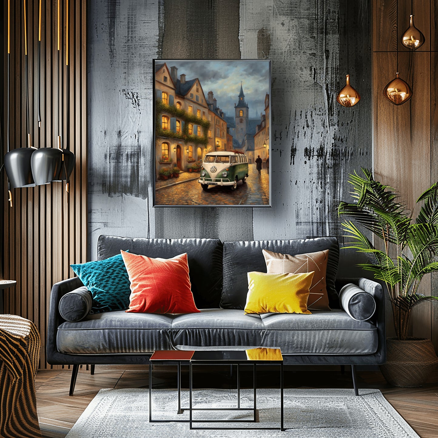 Vintage van oil painting by AquilVision displayed above a modern gray sofa with colorful pillows in a stylish living room