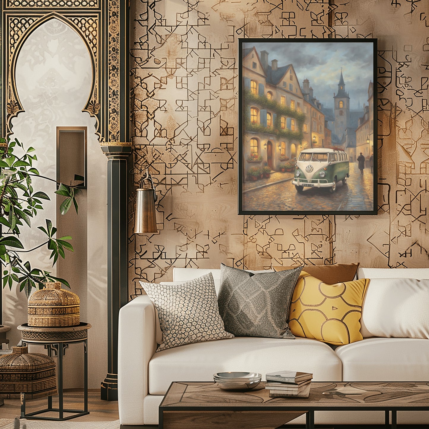Framed vintage van oil painting hanging in a stylish living room with geometric wallpaper and modern decor