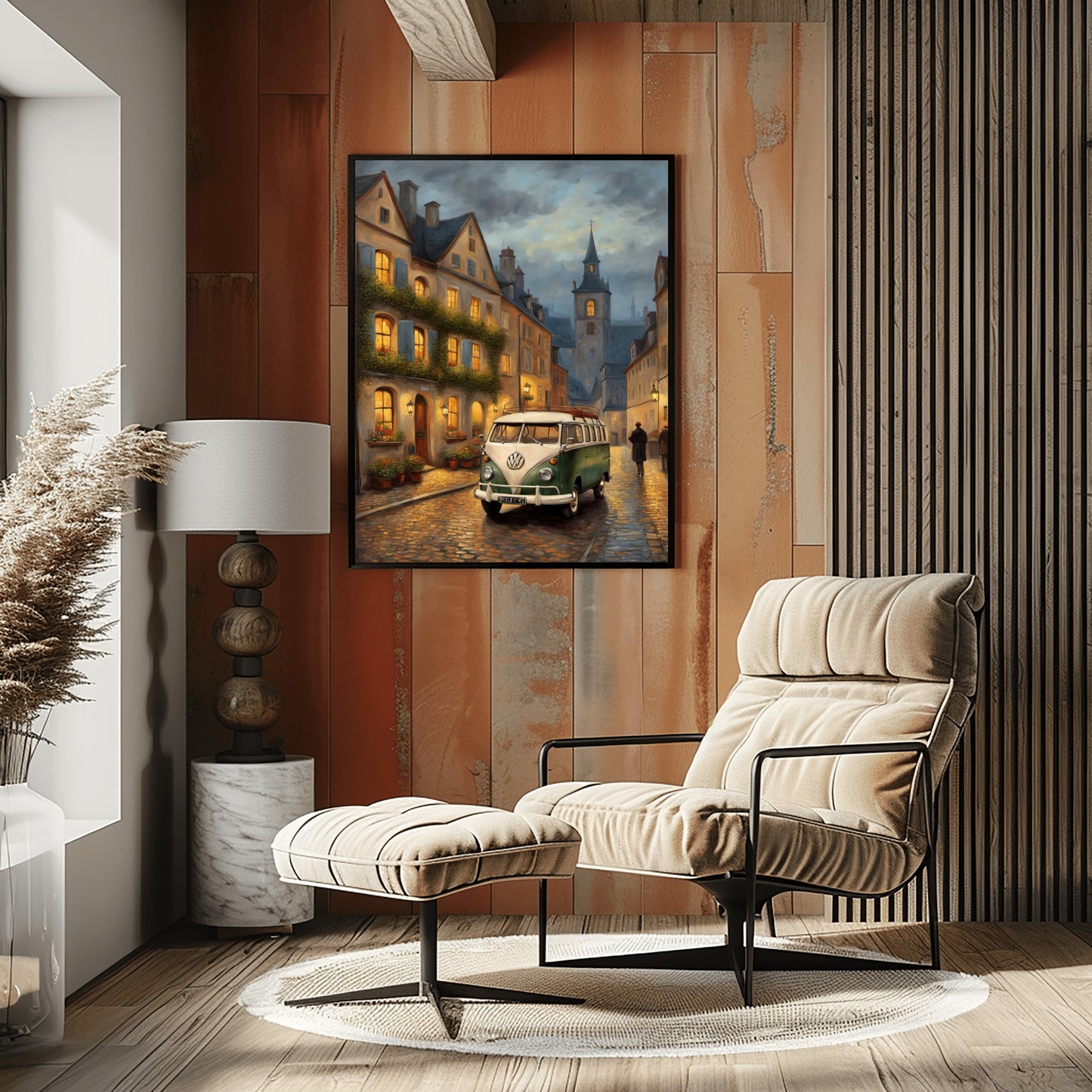 Cozy modern living room with wall art featuring a vintage van oil painting by AquilVision