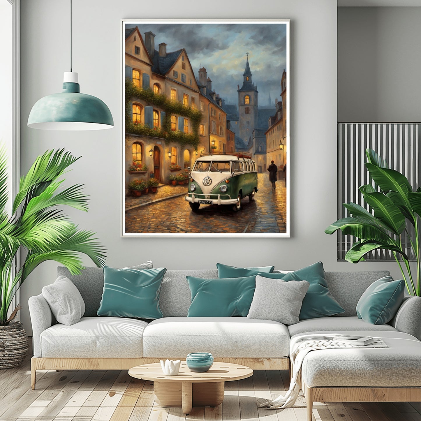 Vintage van oil painting of a green and white van on a cobblestone street in a European village at dusk