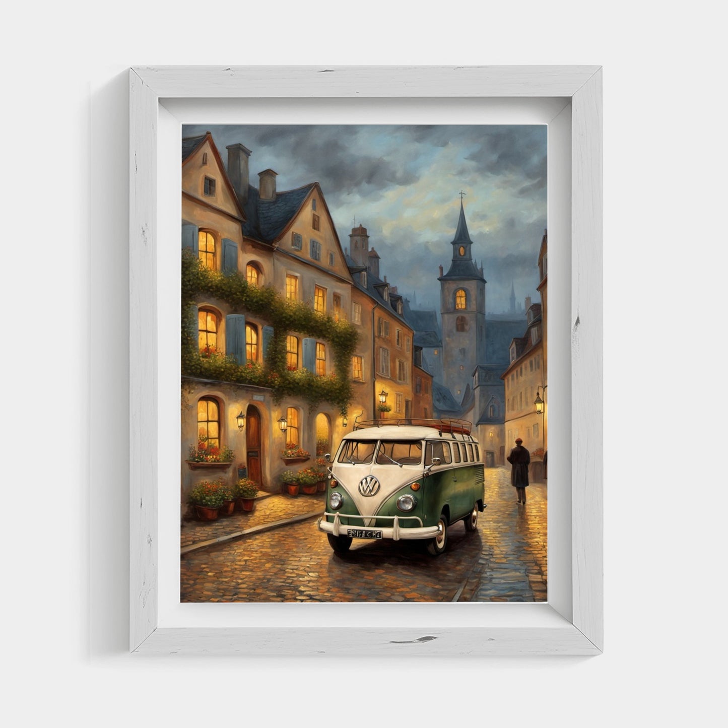 Vintage van oil painting of a green and white VW van on a cobblestone street in a historic town at dusk