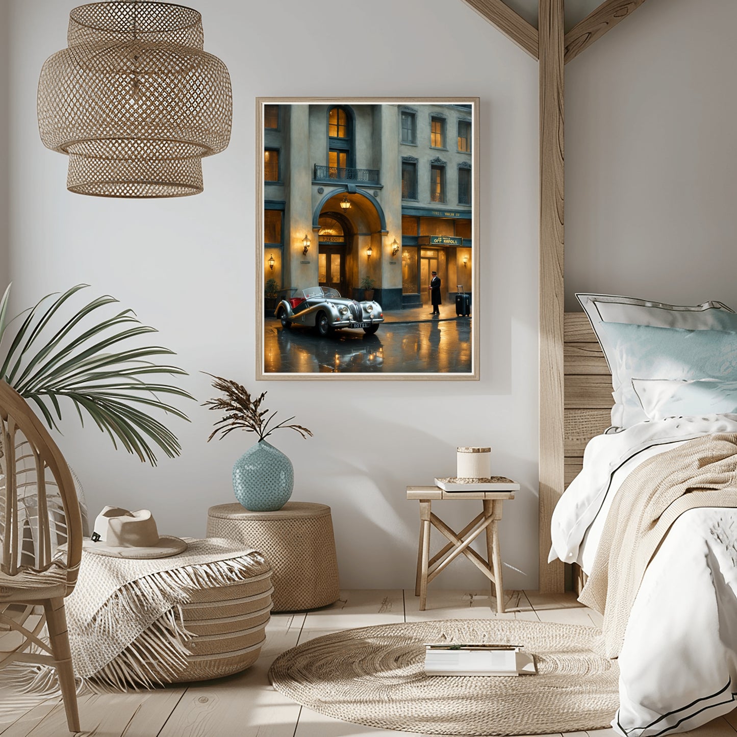 1950s vintage car wall art by AquilVision displayed in a cozy modern bedroom with neutral decor