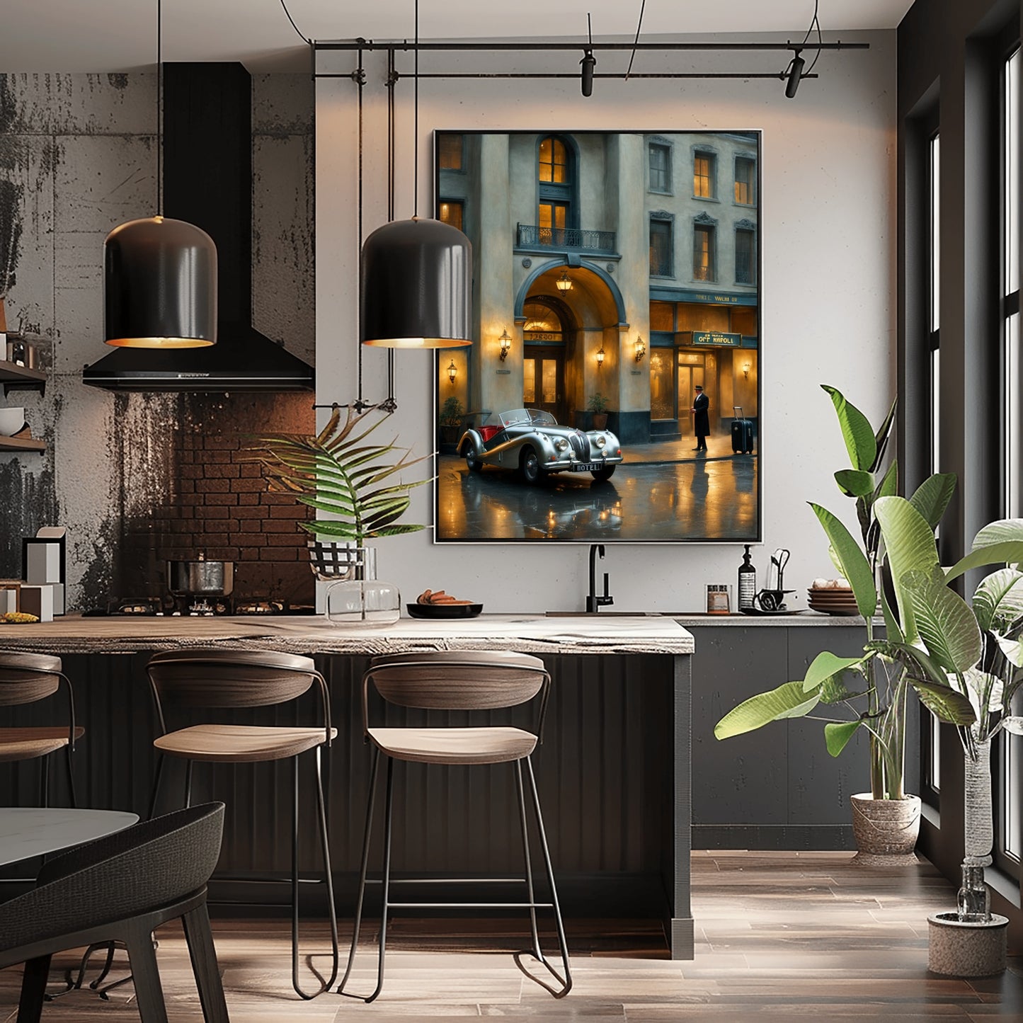 1950s vintage car wall art displayed above kitchen counter with modern black chairs and pendant lights