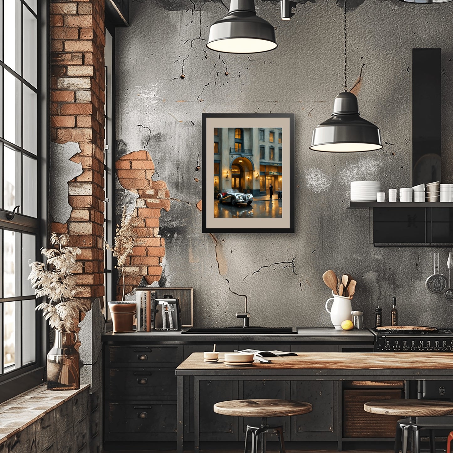 1950s vintage car wall art framed on industrial kitchen wall with exposed brick and modern decor