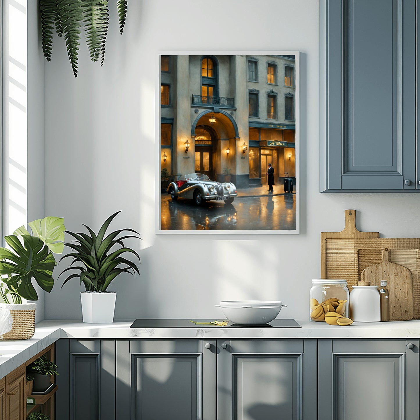 1950s vintage car wall art by AquilVision displayed in a modern kitchen with gray cabinets and green plants