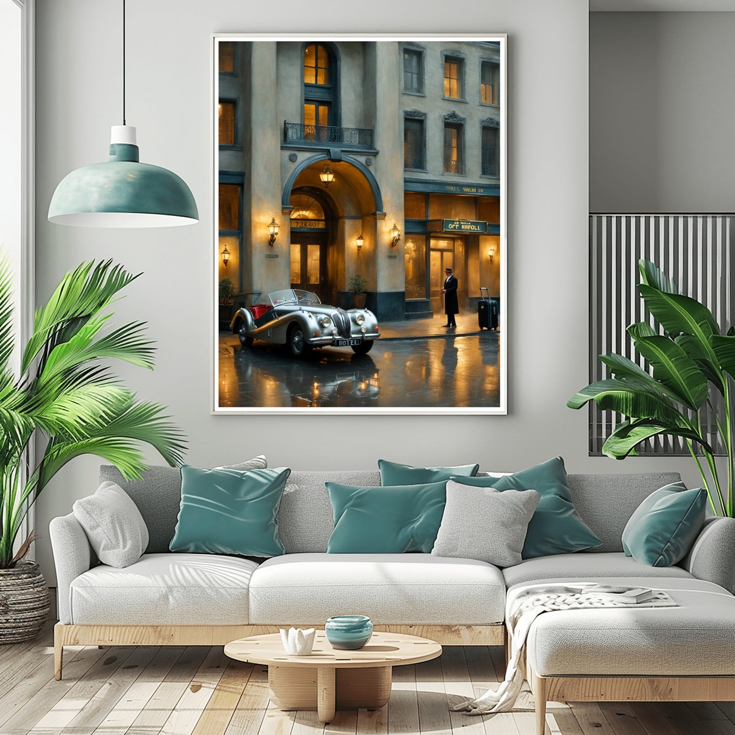 1950s vintage car wall art featuring a classic car outside a vintage building in a modern living room