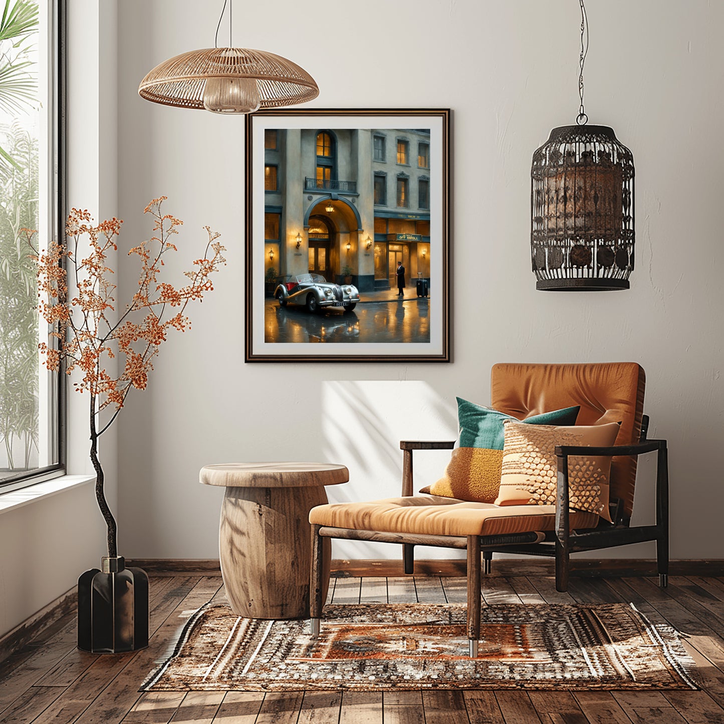 1950s vintage car wall art framed and displayed in a modern living room with rustic decor