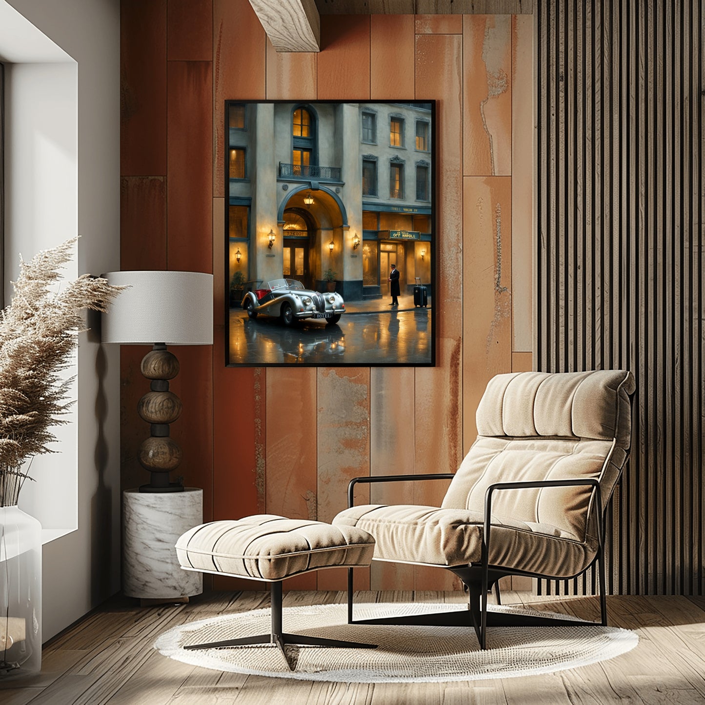 1950s vintage car wall art displayed in a modern living room with beige lounge chair and wooden wall