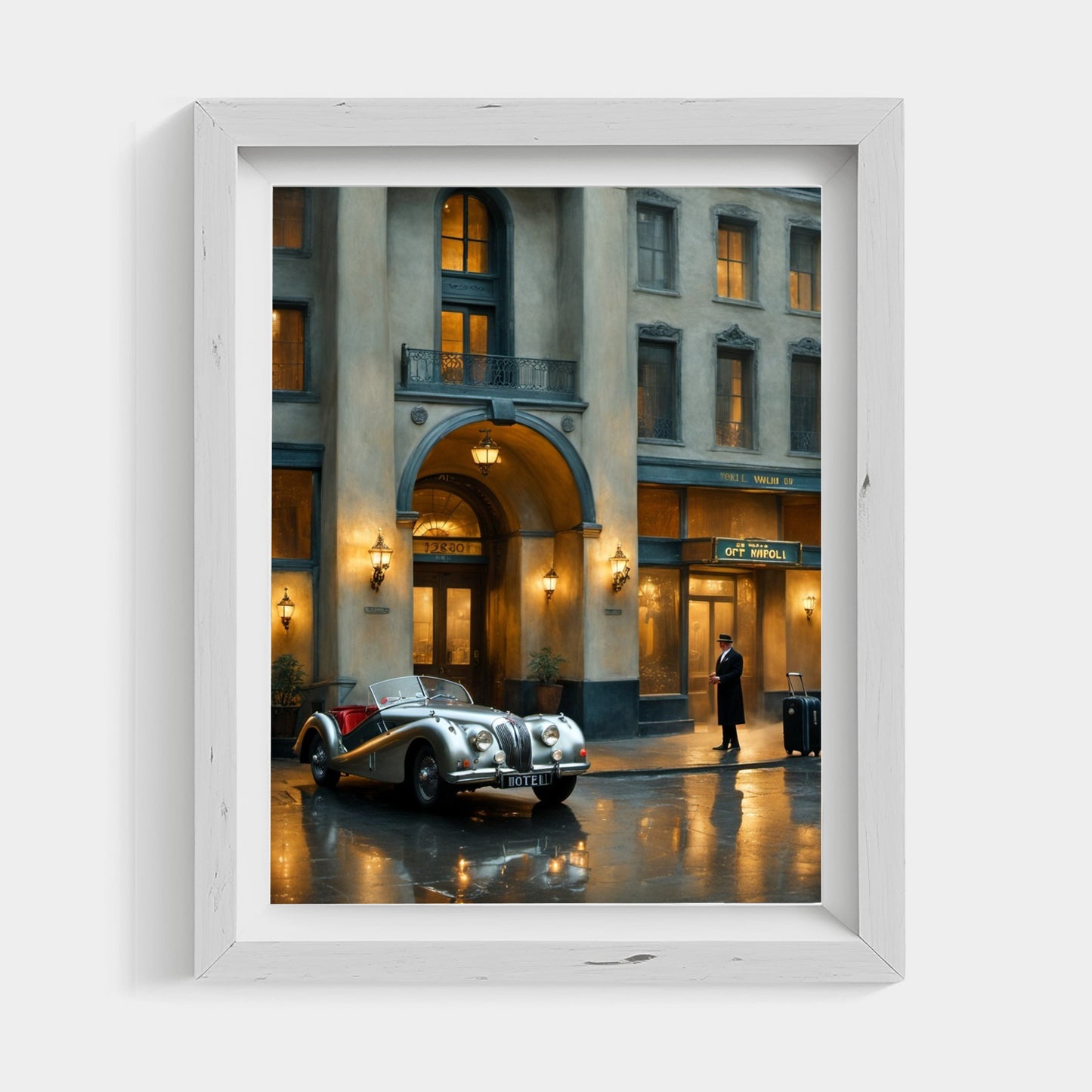 1950s vintage car wall art featuring a classic car parked outside an illuminated historic building