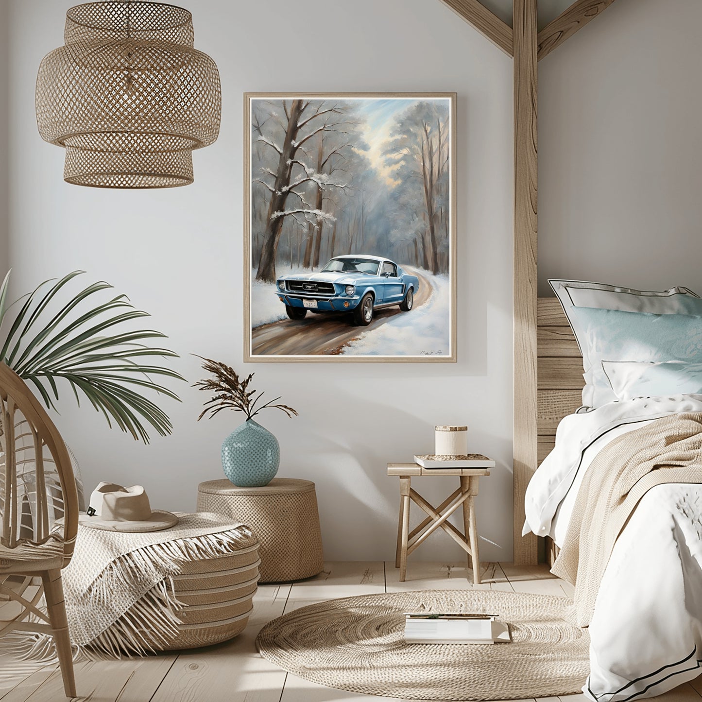 Winter forest classic car print by AquilVision hanging on bedroom wall above wicker ottoman