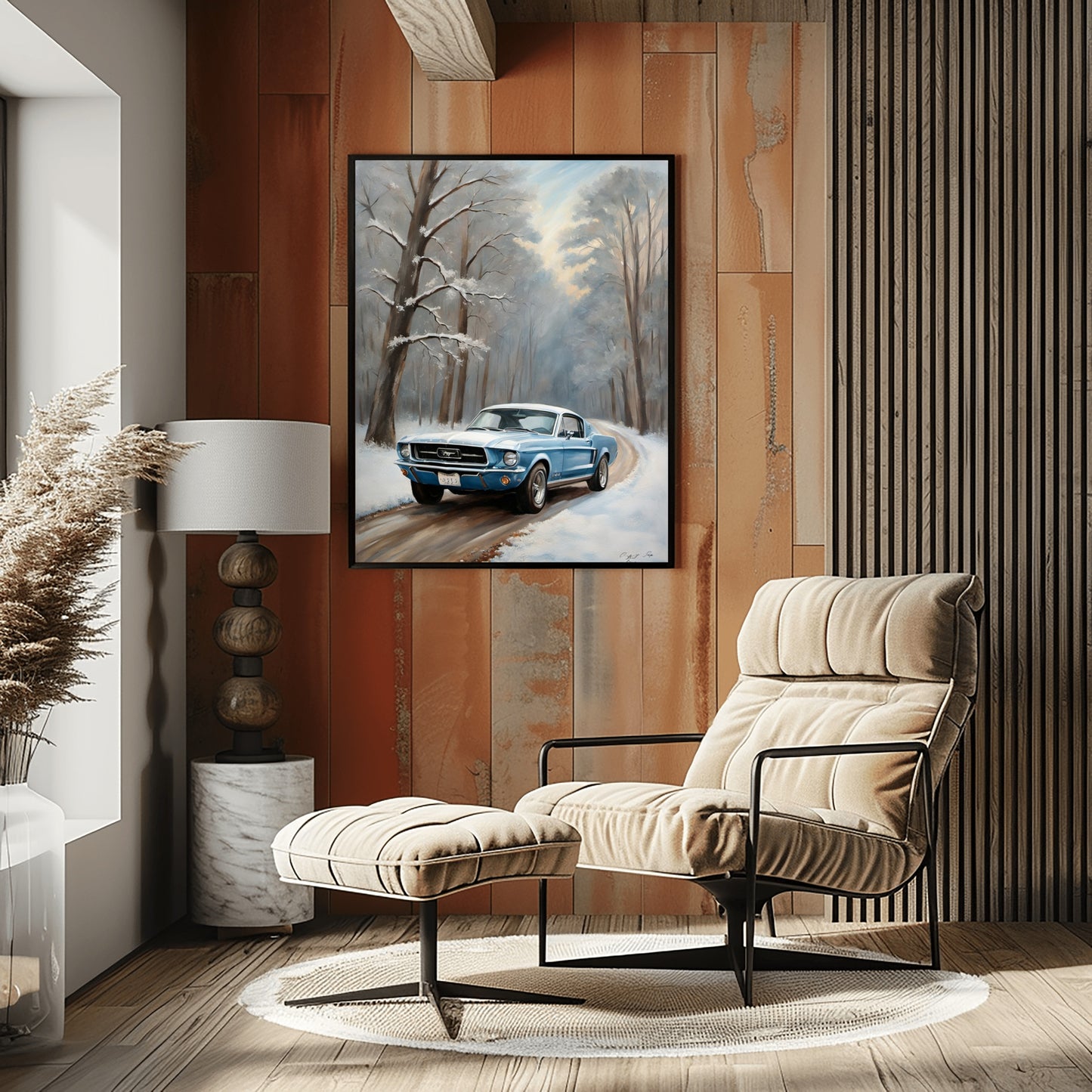 Winter forest classic car print featuring a blue vintage car on a snowy road in a cozy modern living room