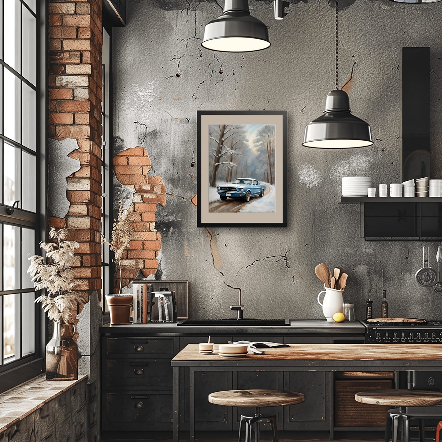 Winter forest classic car print framed artwork displayed on a rustic kitchen wall by AquilVision