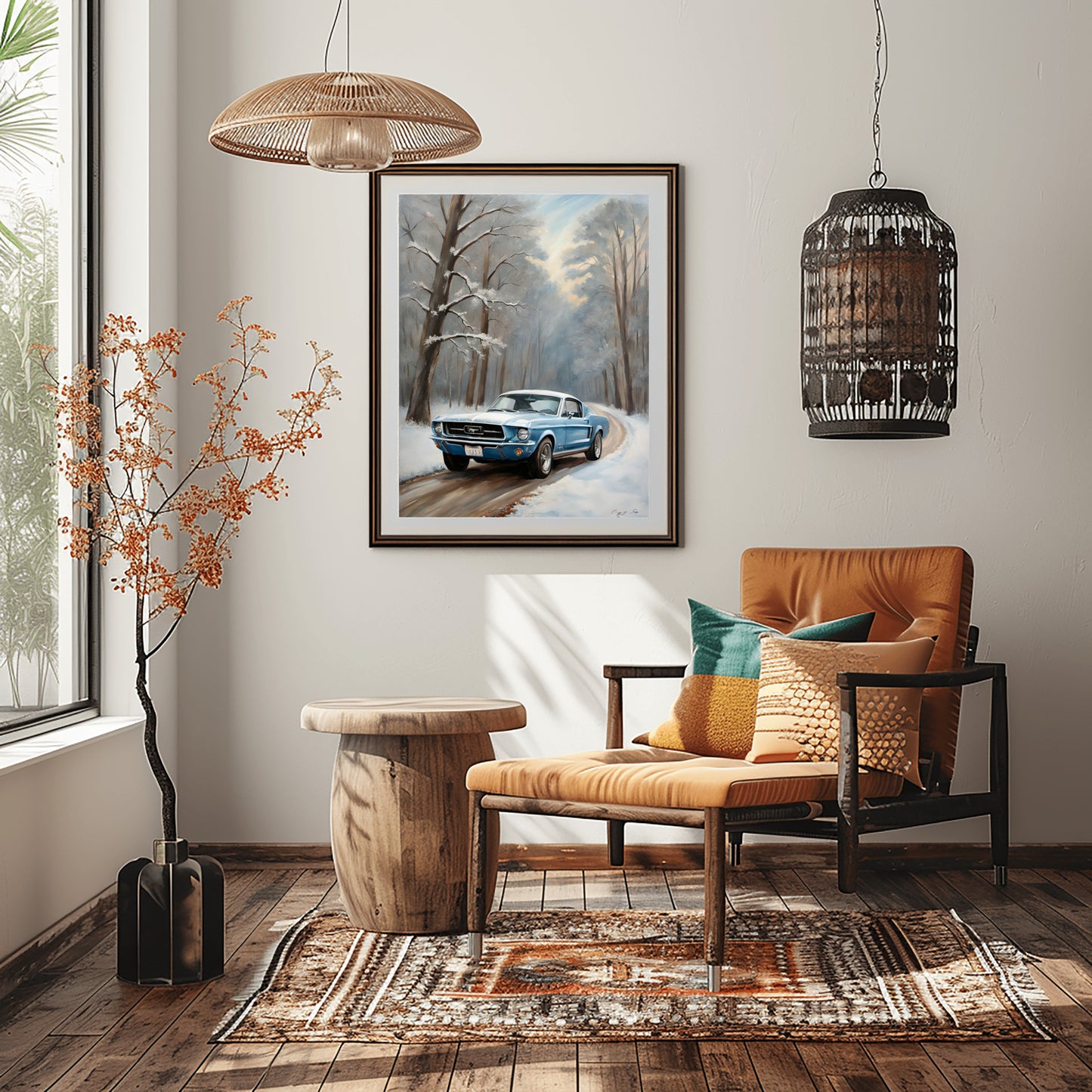 Winter forest classic car print digital artwork by AquilVision displayed in cozy modern living room