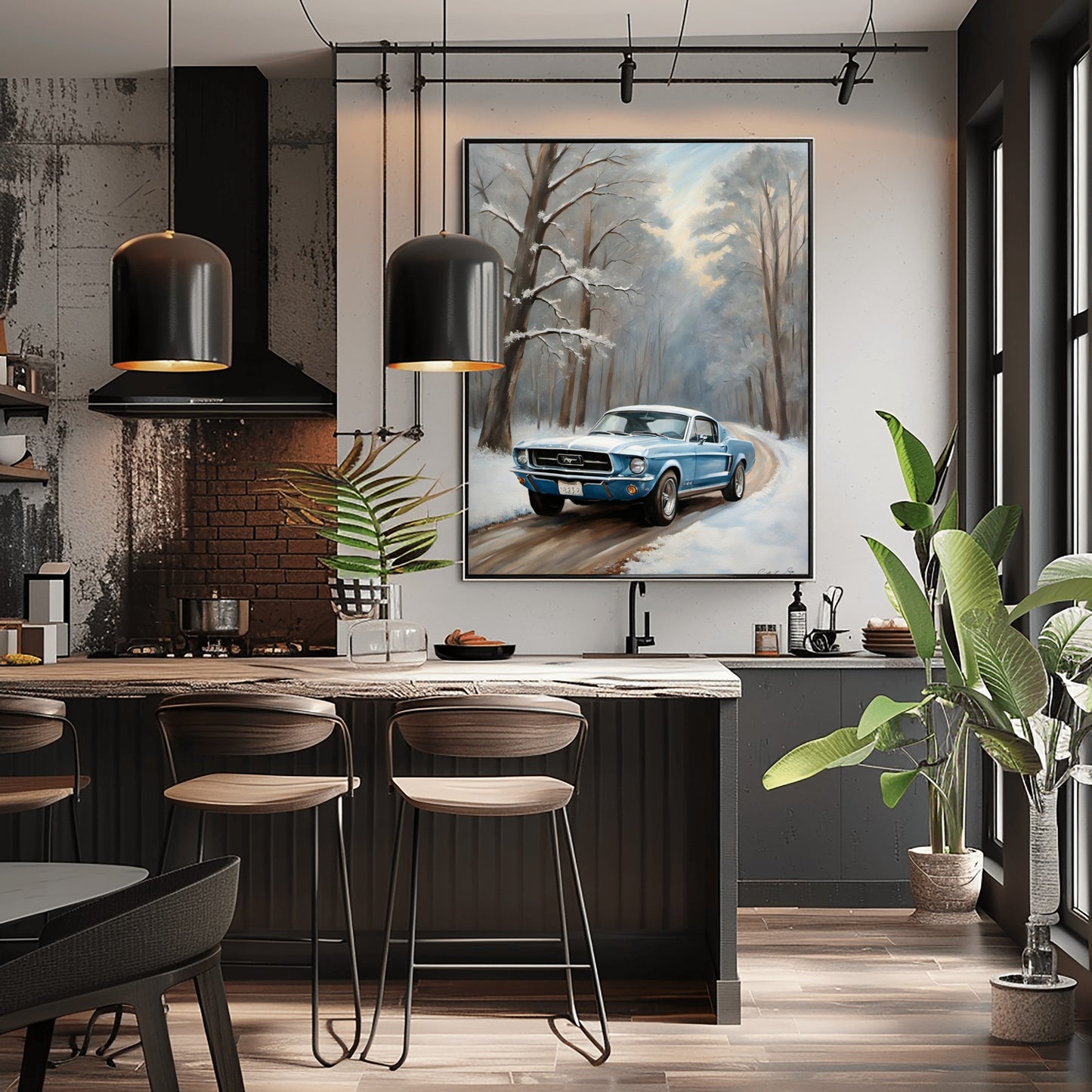 Winter forest classic car print by AquilVision displayed in modern kitchen with black accents and wooden stools