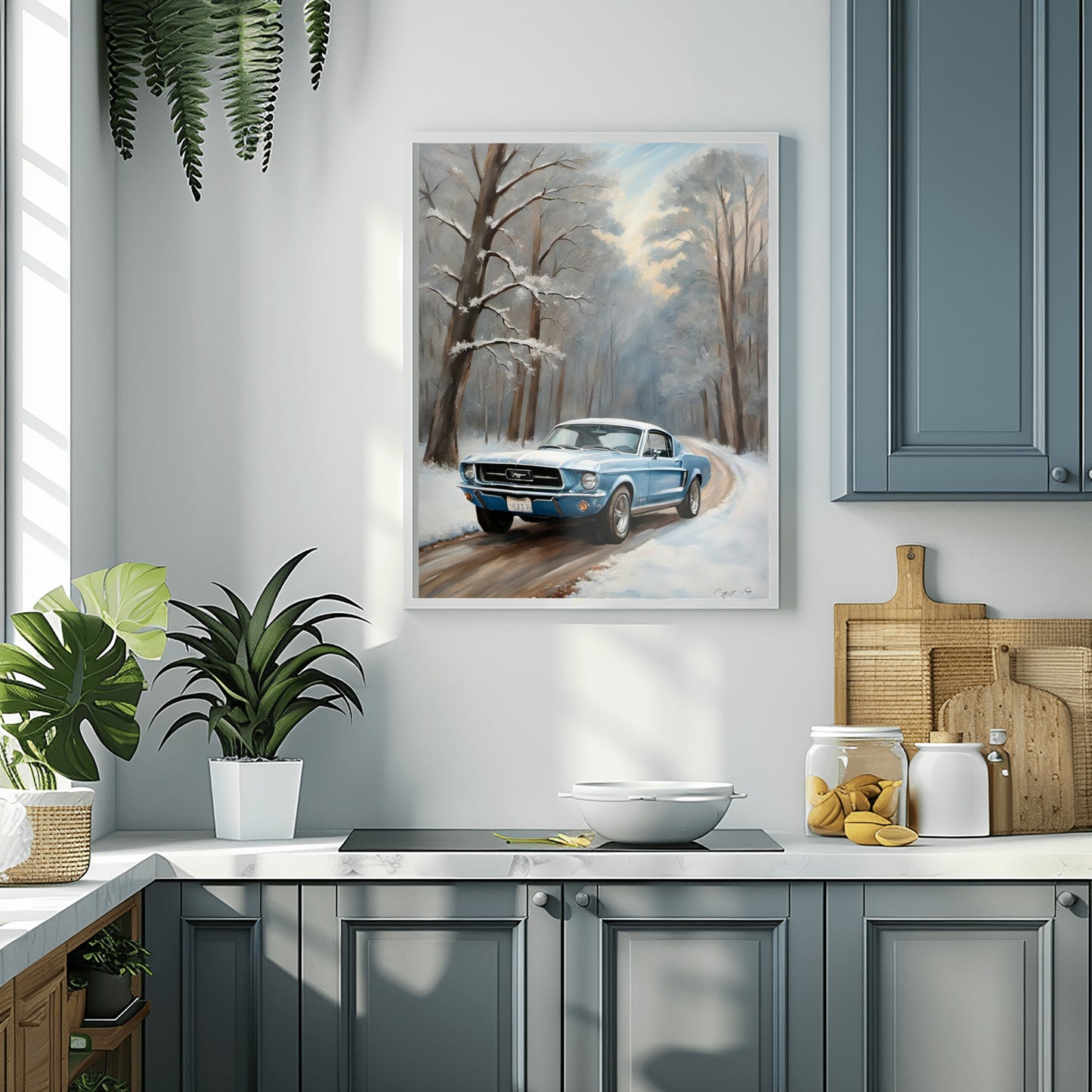 Winter forest classic car print by AquilVision showcasing a blue vintage car on a snowy road in a framed wall art