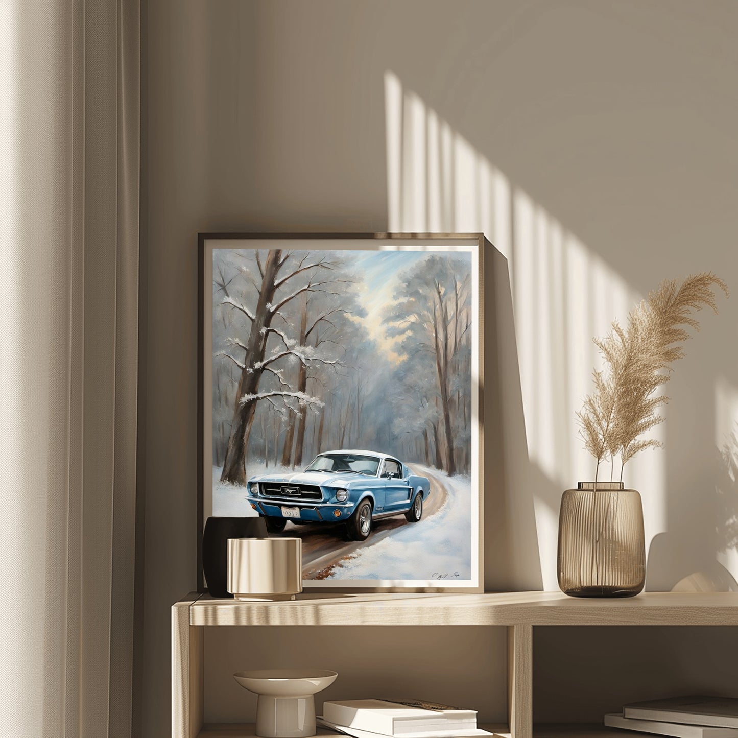 Winter forest classic car print featuring a blue vintage car on a snowy forest road by AquilVision