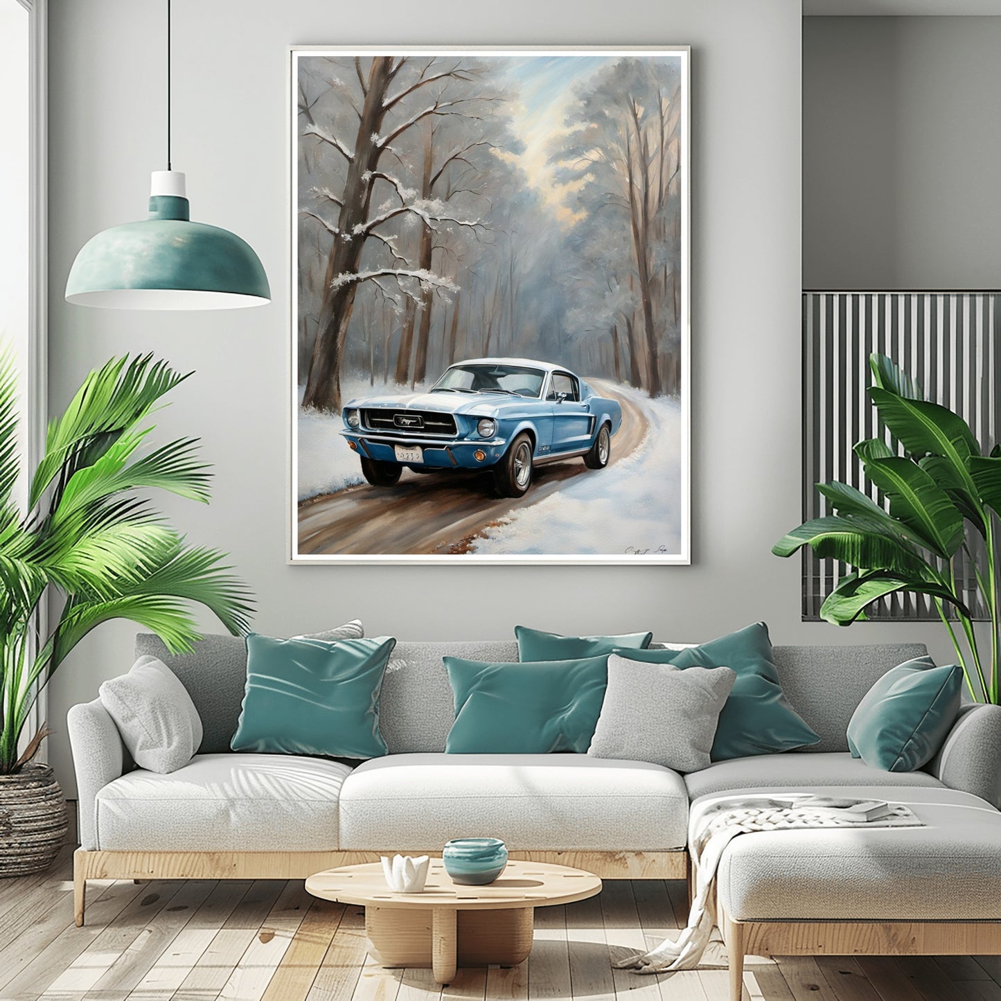 Winter forest classic car print digital artwork by AquilVision hanging in modern living room