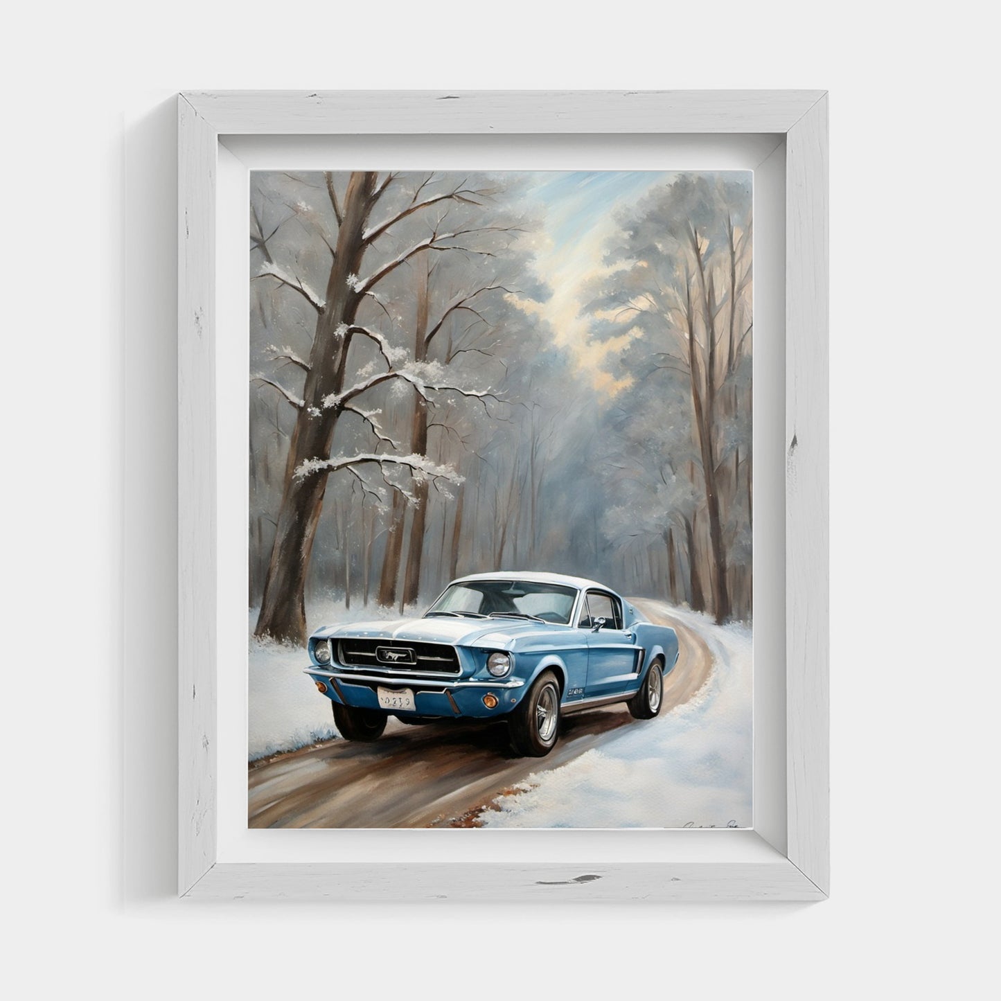 Winter forest classic car print showing a blue vintage car driving on a snowy path through trees