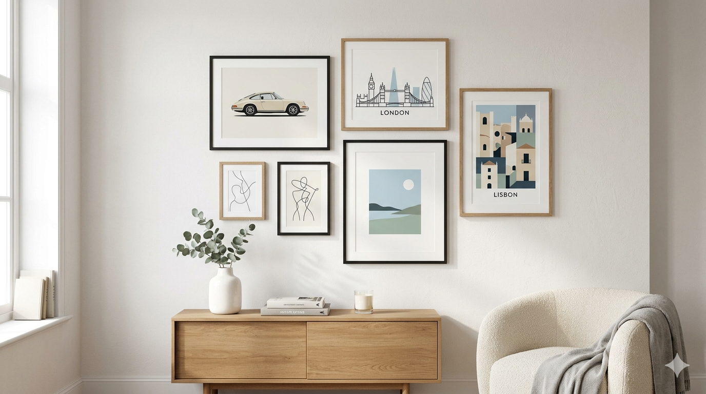 A curated gallery wall display featuring minimalist digital art prints of vintage cars and European cityscapes in a modern living room setting.
