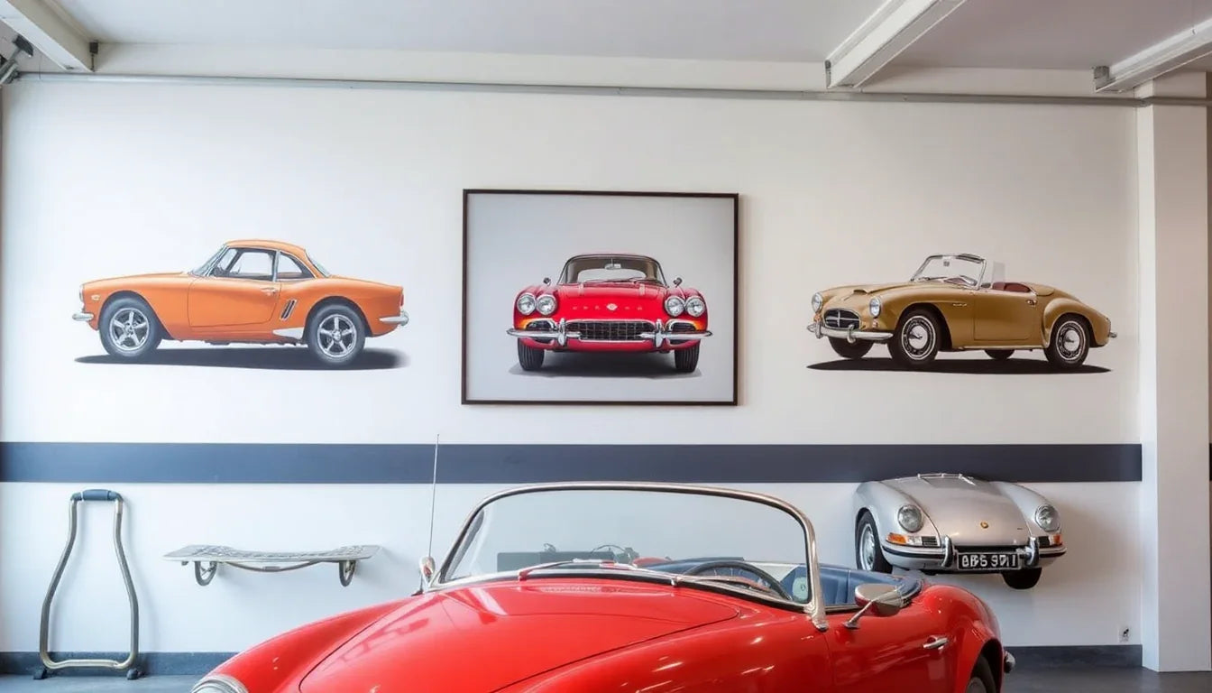 Classic car wall art displayed in a vintage garage
