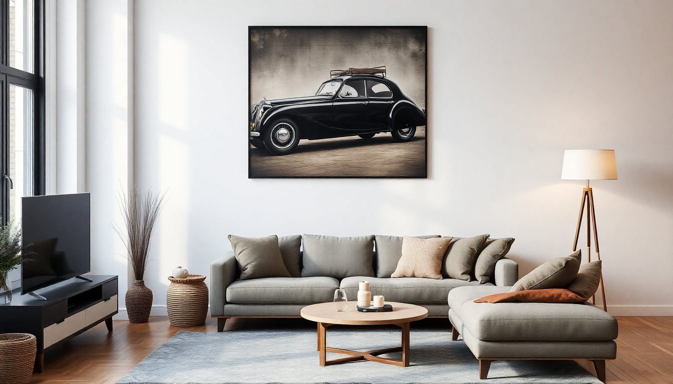 classic car poster in livingroom