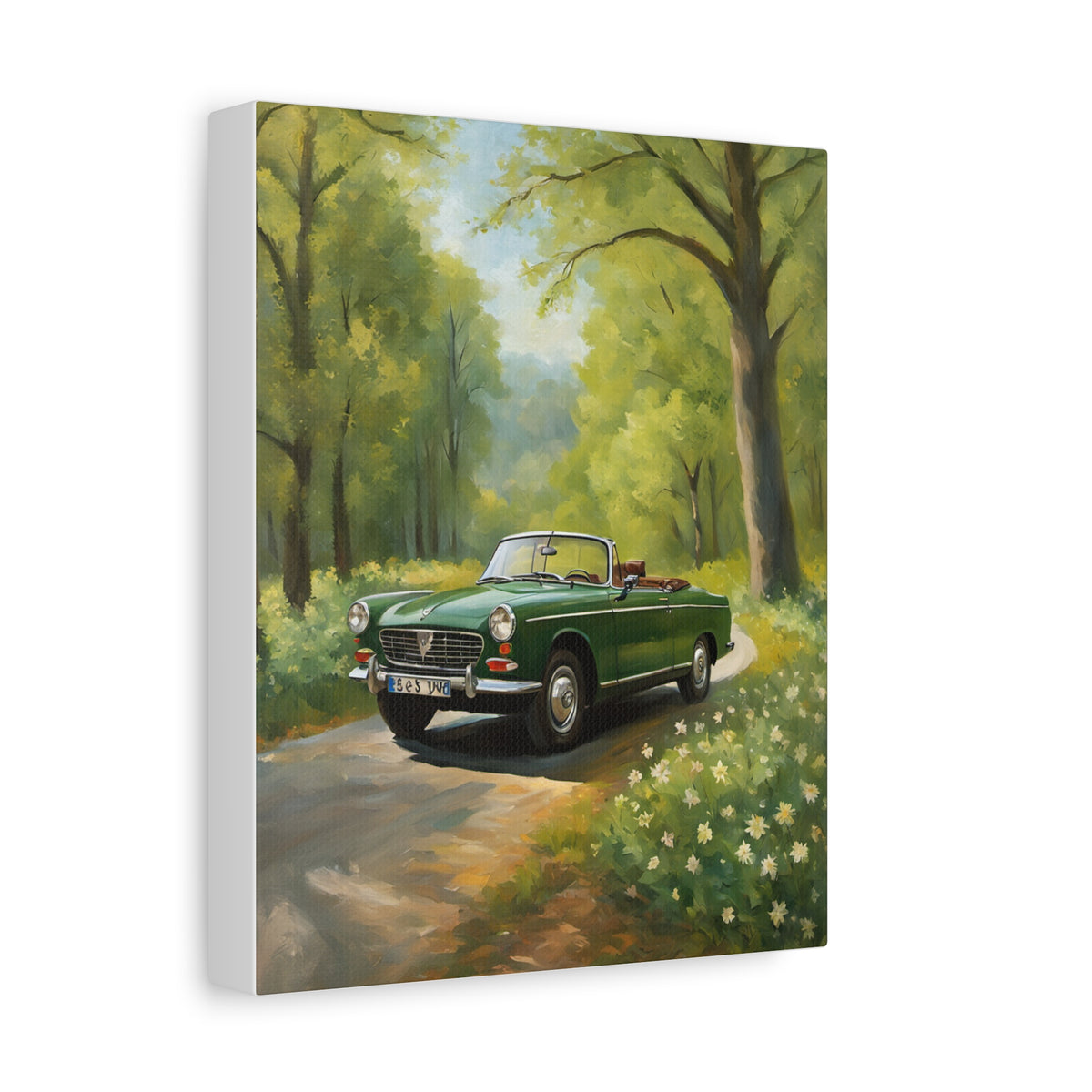 1965 Peugeot 404 Cabriolet Canvas Wall Art Vintage Emerald Green French Convertible Painting Woodland Spring Forest Road Stretched Canvas Print for Living Room Office Decor