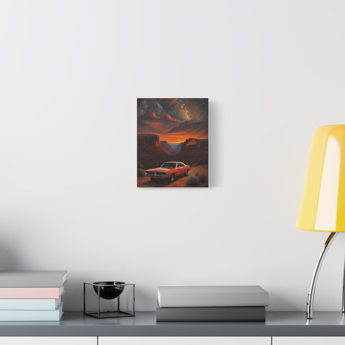 1969 Dodge Charger R/T Canvas Wall Art Vintage Go Mango Orange Muscle Car Painting Red Rock Canyon Milky Way Stretched Canvas Print for Living Room Office Decor