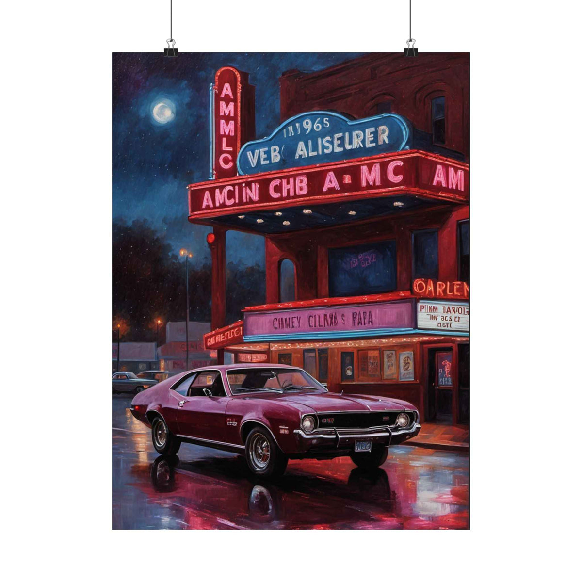 Vintage Muscle Car Poster — Retro Theater Night Matte Vertical Art Print