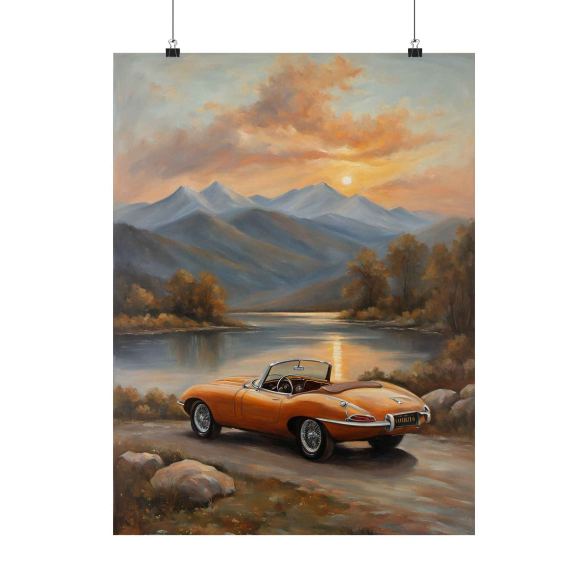 Vintage Orange Sports Car Poster — Mountain Sunset Matte Vertical Art Print