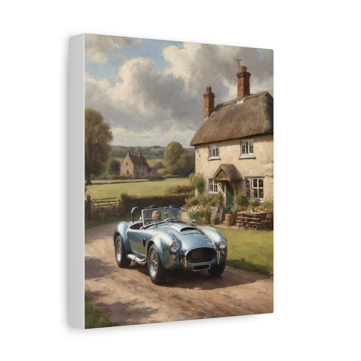 1965 AC Cobra 427 Canvas Wall Art Vintage Metallic Blue British Roadster Painting English Thatched Pub Countryside Stretched Canvas Print for Living Room Office Decor