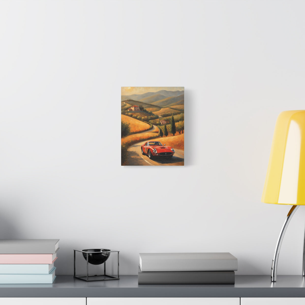 1962 Ferrari 250 GTO Canvas Wall Art Vintage Tuscan Hills Sunset Painting Classic Sports Car Stretched Canvas Print for Living Room Office Decor