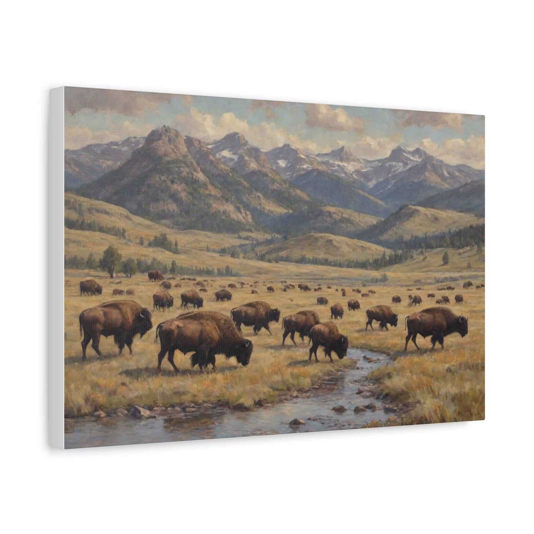 Bison Herd Yellowstone Canvas Print — Western Mountain Landscape Matte Stretched Wall Art - AquilVision